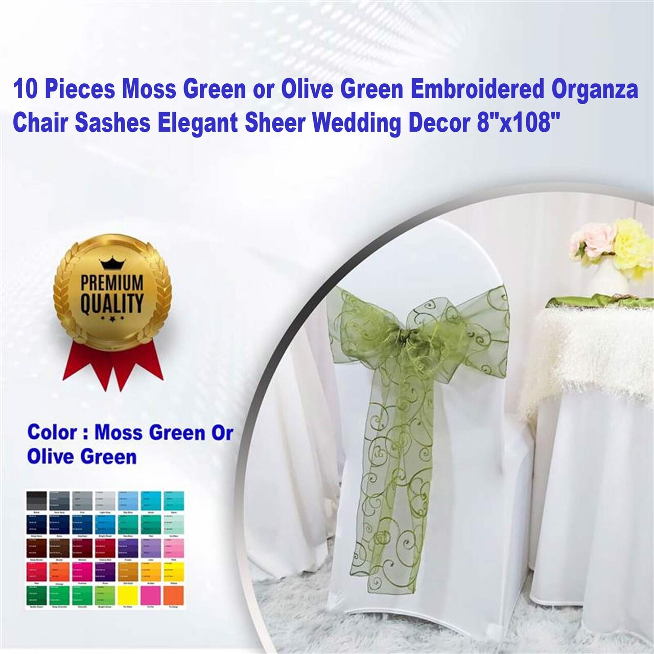 10 Pieces Moss Green or Olive Green Embroidered Organza Chair Sashes Elegant Sheer Wedding Decor 8"x108"